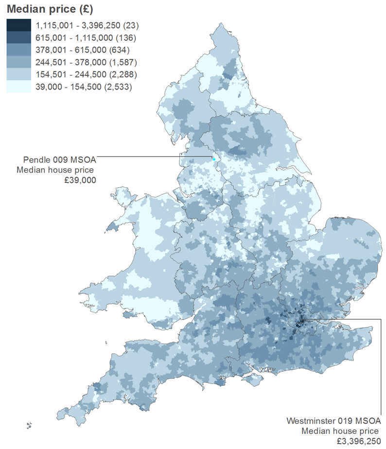 Map 1: Median house price for all dwellings by MSOA, England and Wales