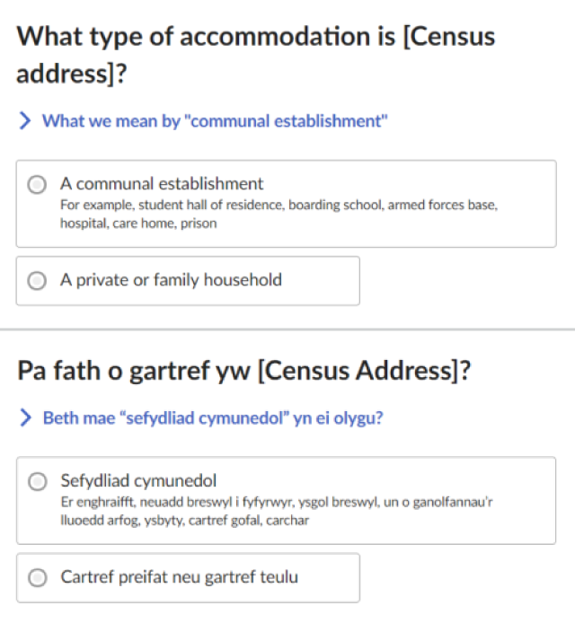 Communal establishments and individual questionnaire question ...