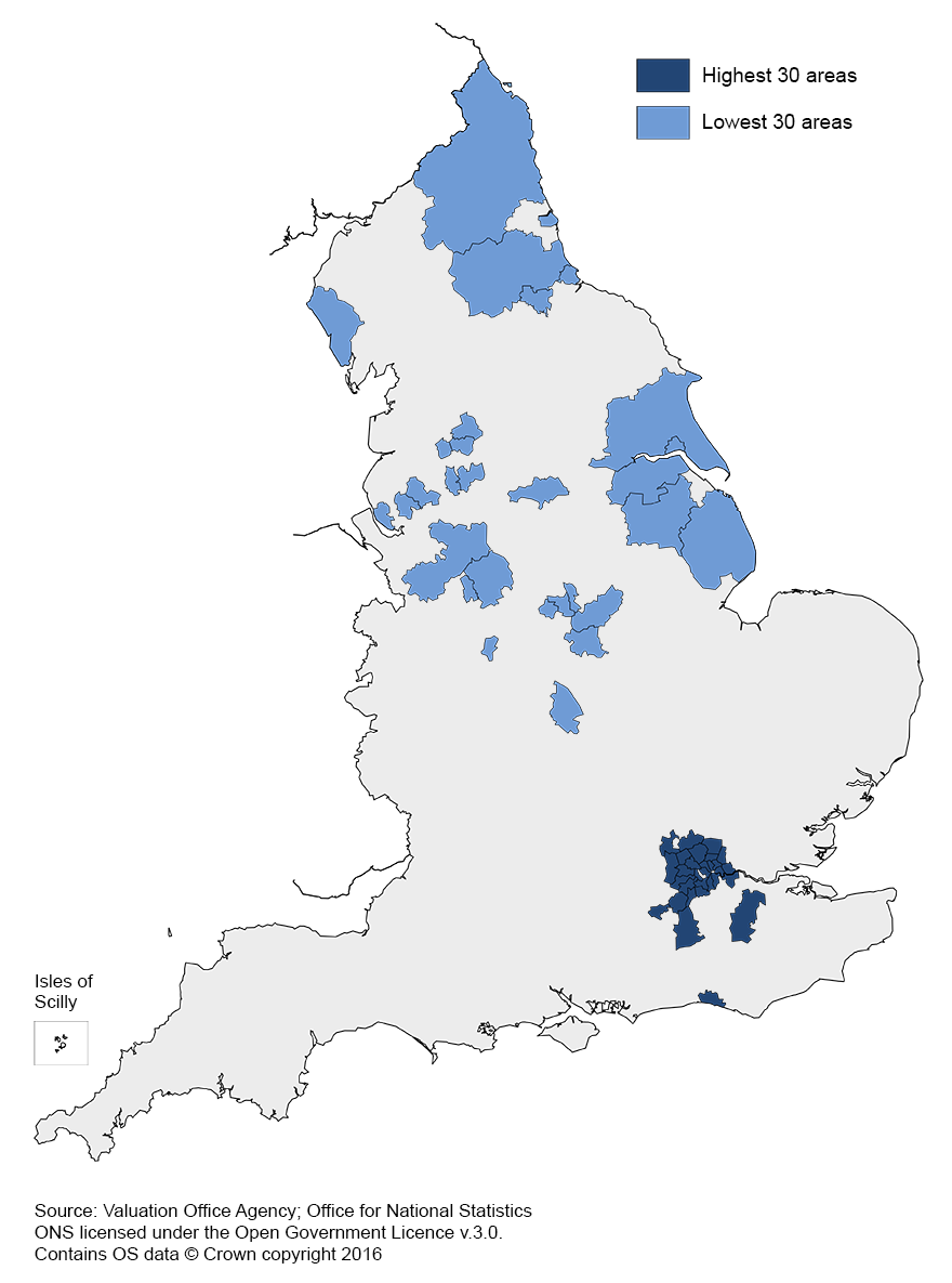 Least affordable areas for private renting are found in London, most affordable are more Northern areas.