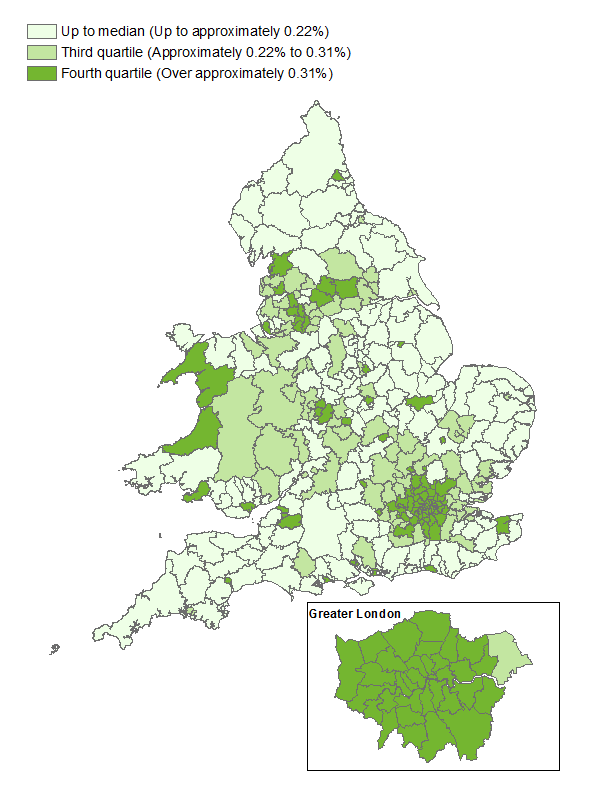 Most additional matches are centred on London. Higher numbers of additional matches are found in cities and across Wales.