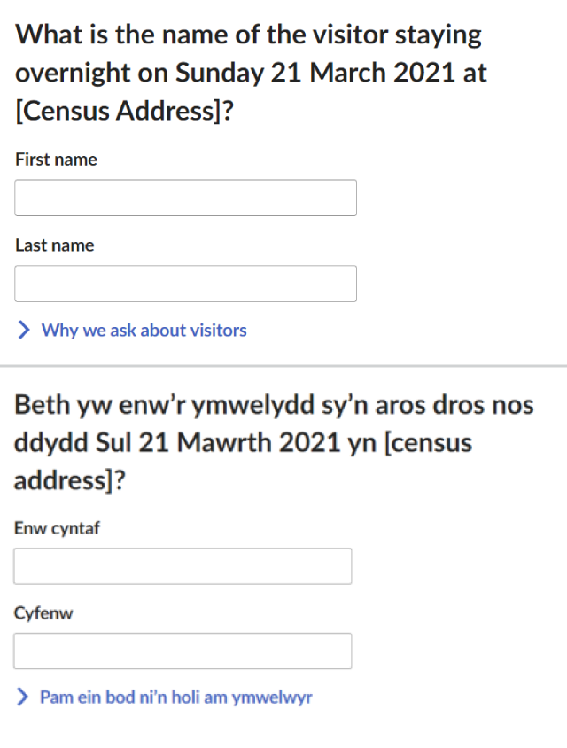 What is the name of the visitor staying overnght on Sunday 21 March 2021 at [Census Address]? First name; Last name