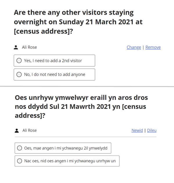 Are there any other visitors staying overnight on Sunday 21 March 2021 at [census address]? [Relay nam] Change or Remove. Yes, I need to add a 2nd visitor' No, I do not need to add anyone