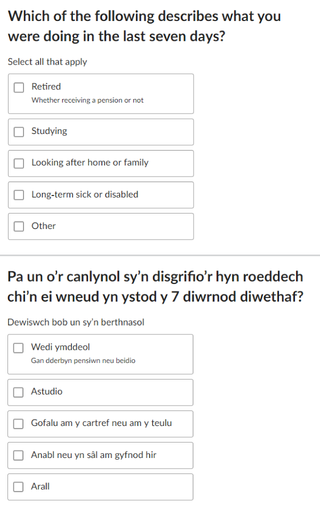 Online question on reasons for not working in English and Welsh.