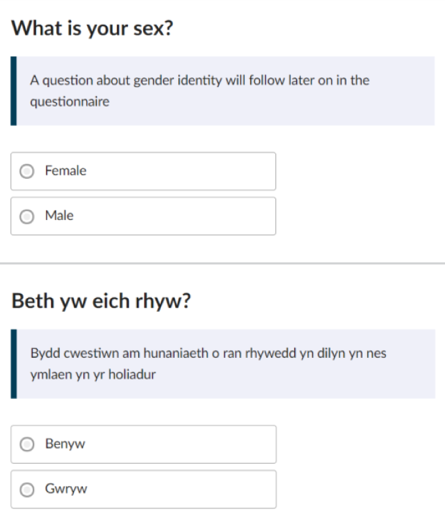 Is the gender you identify with the same as your sex registered at birth? This question is voluntary. Response options are “Yes” or “No”, with an option to write in the gender you identify with.