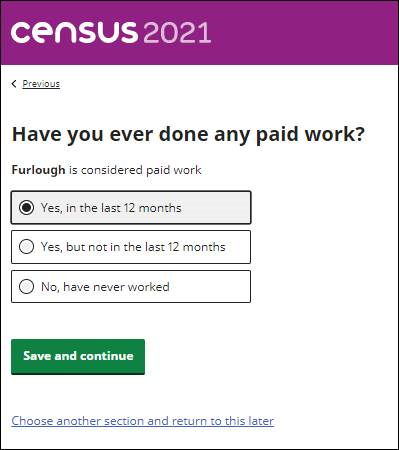 Have you ever done any paid work? Furlough is considered paid work. Yes in the last 12 months; Yes but not in the last 12 months; No, have never worked.