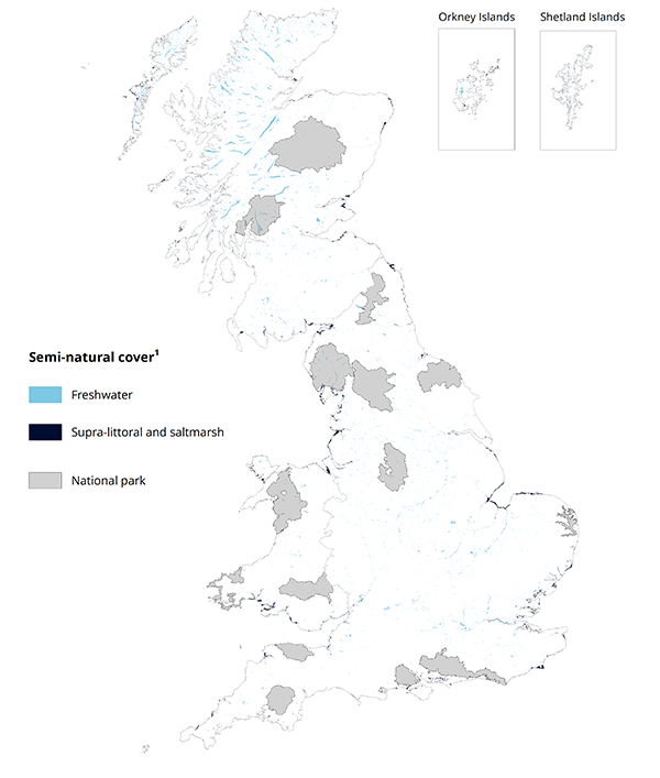 An image showing a map of Great Britain showing National Parks and coastal and inland water semi-natural habitats in 2015.