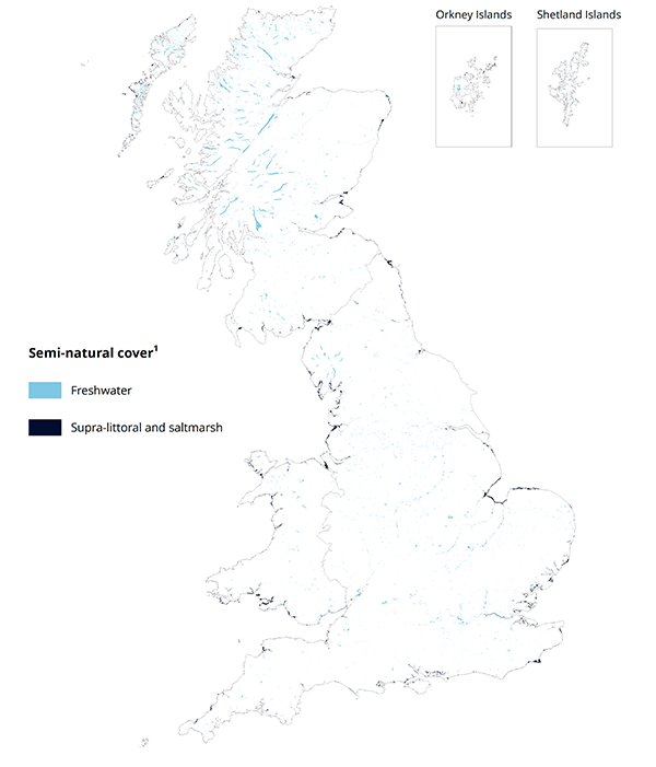 An image showing a map of Great Britain showing coastal and inland water areas of semi-natural habitat in 2015.