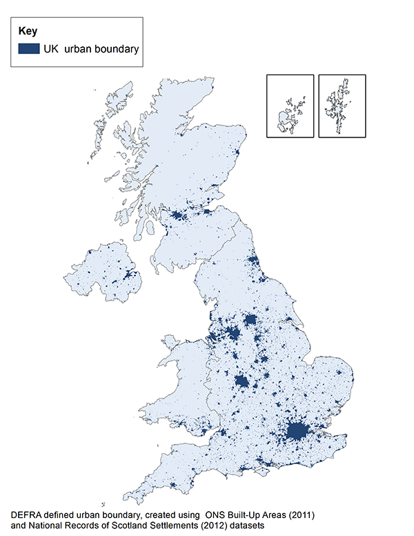 Map predicts the extent of the urban area using the BUA definition for United Kingdom.
