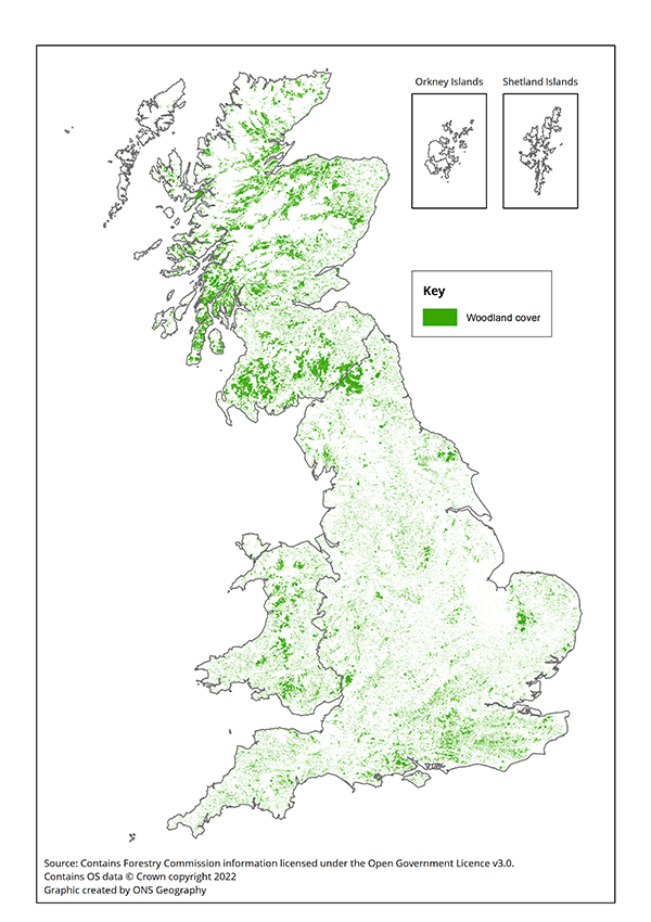 Map showing the extent of woodland in Great Britain, 2020.