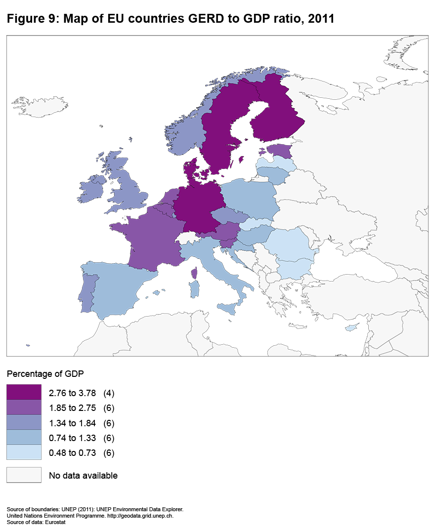 Figure 9: Map of EU countries GERD to GDP ratio, 2011