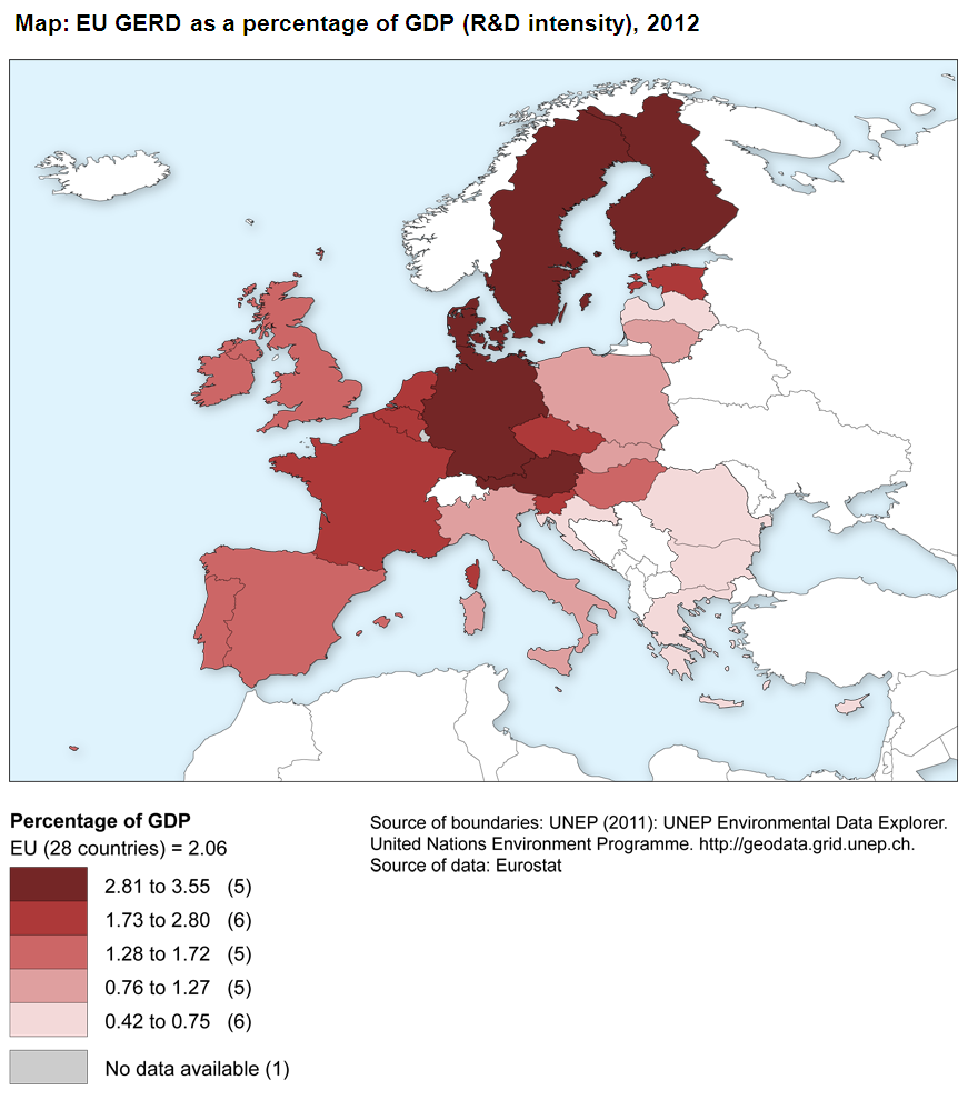 Map: EU GERD as a percentage of GDP (R&D intensity), 2012