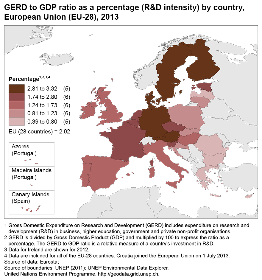 Map: GERD to GDP ratio as a percentage (R&D intensity) by country, European Union (EU-28), 2013