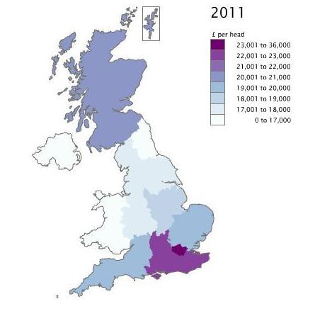 Figure 1: NUTS1: regional GVA per head UK map, 2011