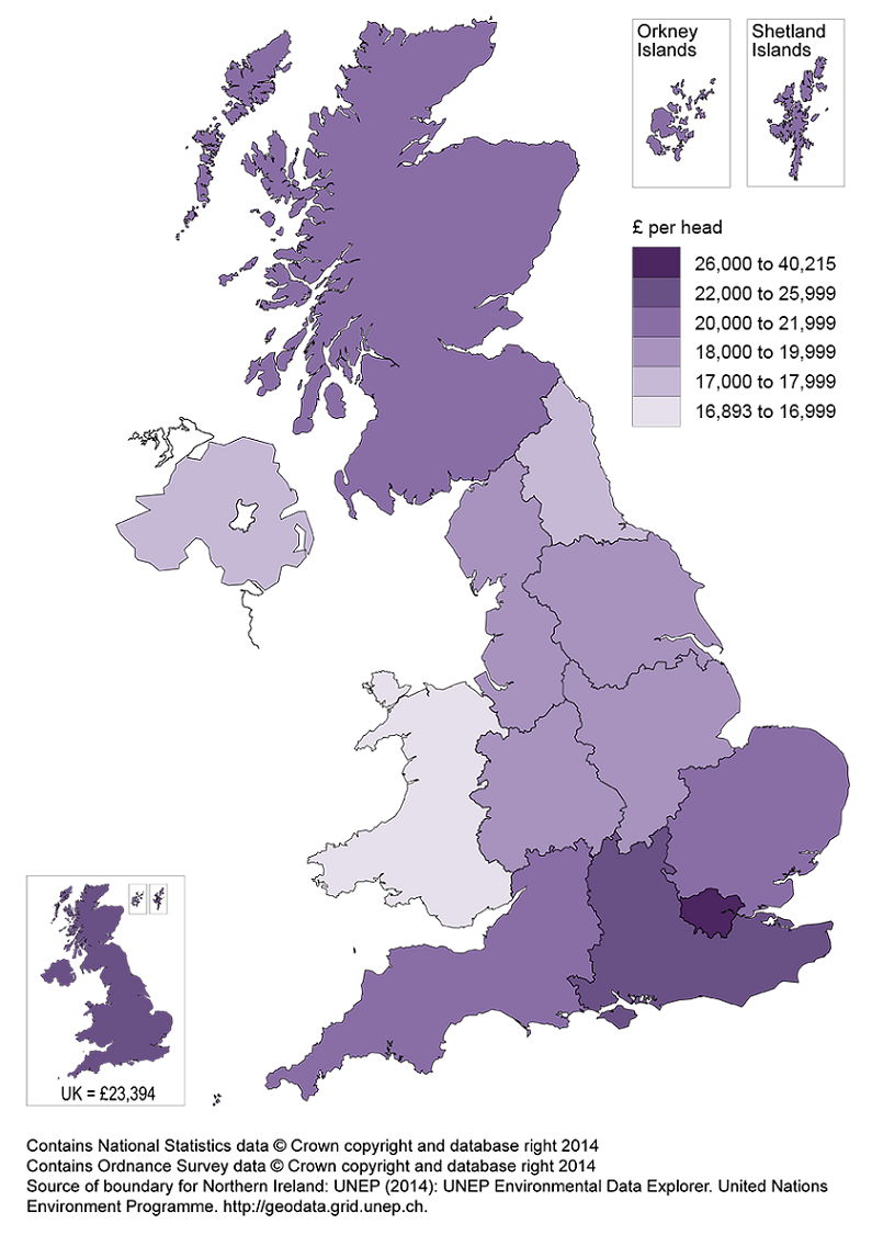 Map 1: Regional GVA per head by NUTS1 area, United Kingdom, 2013