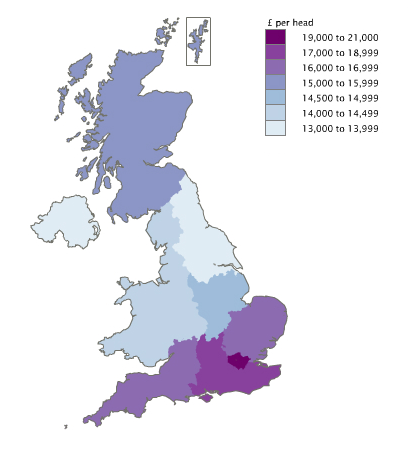Map 1: Regional GDHI per head UK map, 2011