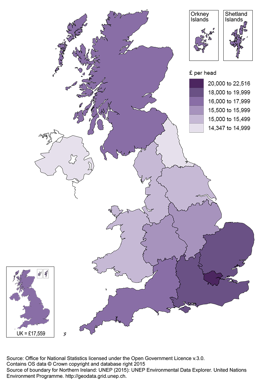 Map 1: UK Regional gross disposable household income map, 2013