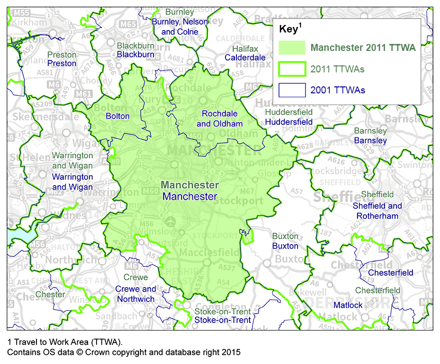 Map 2: Manchester TTWA, 2001 and 2011