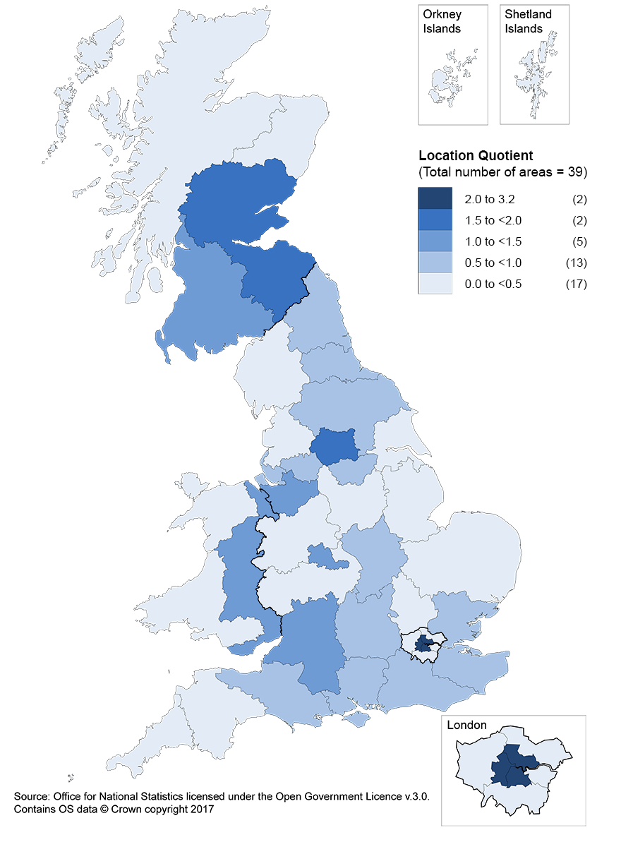 Aside from in London and Scotland, the areas where employee jobs in financial services were concentrated are spread across the country.