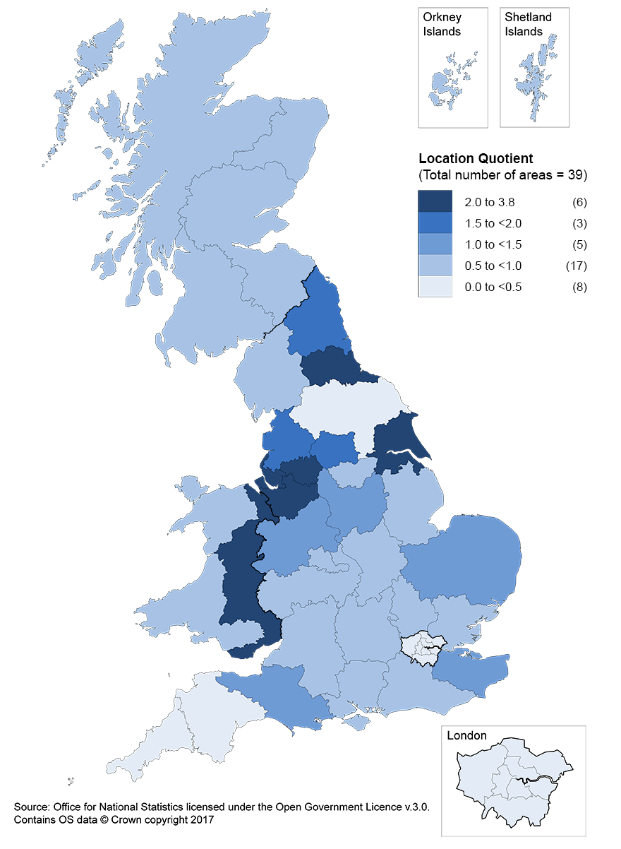 Employee jobs in the manufacture of chemicals were highly concentrated in the North of England.