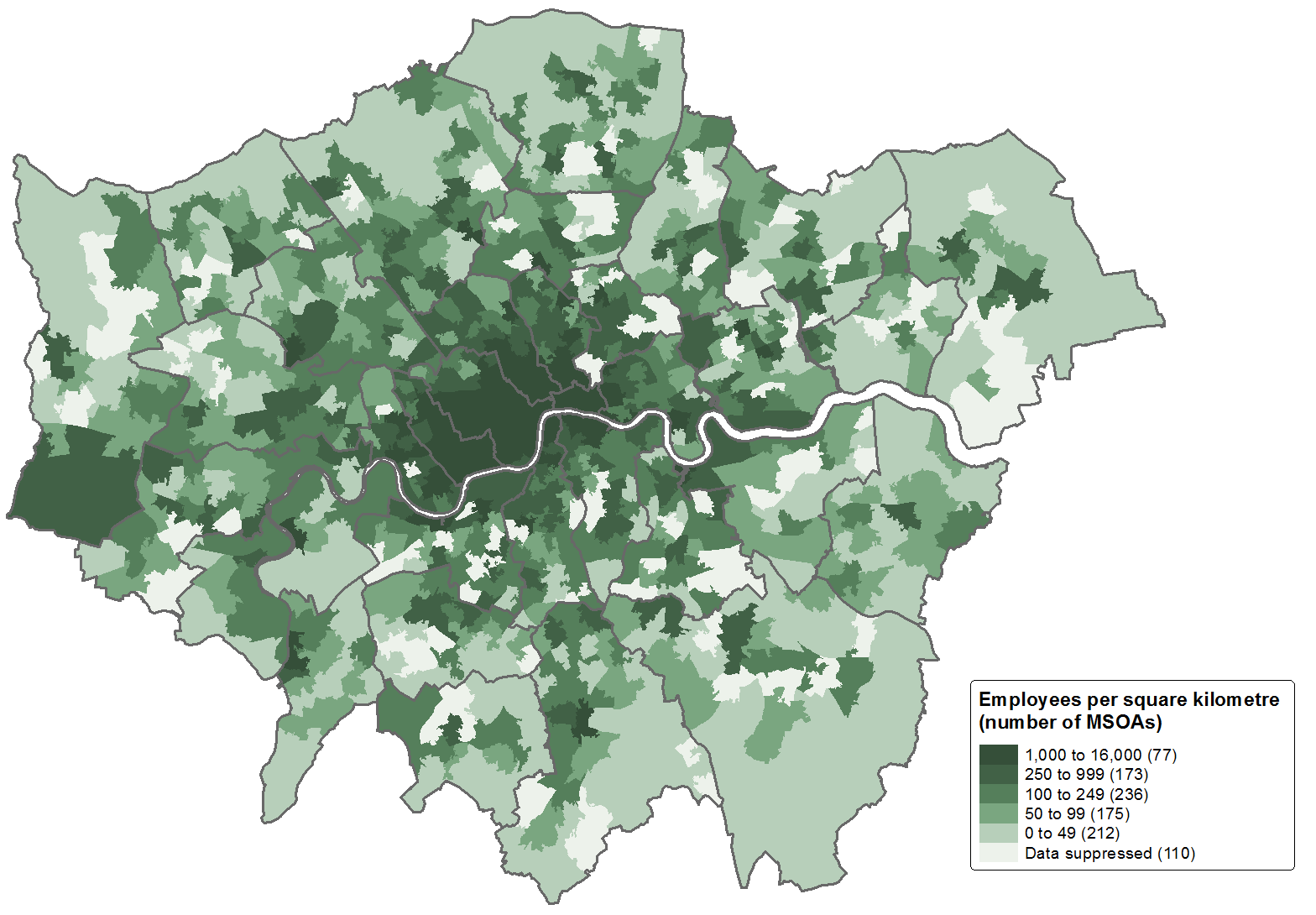 Employees in Accommodation and Food Services tended to cluster in the centre of London, although there were pockets of jobs all over the capital including a cluster around Heathrow, in 2015.