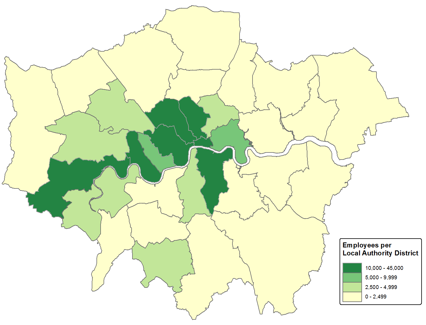 Publishing and Communications employees were concentrated in few local authorities, mainly central London and a few authorities in south western London