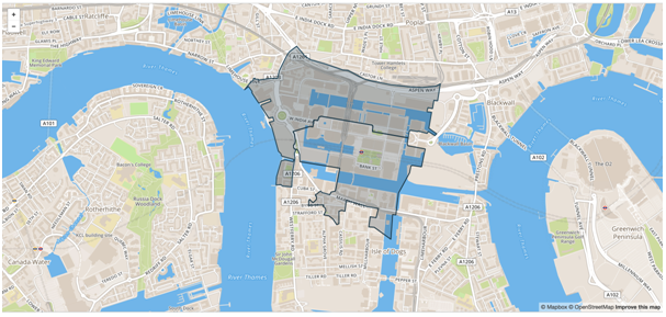 Map showing that Canary Wharf is contained in the Middle Layer Super Output Area of Tower Hamlets 033A and 033B.