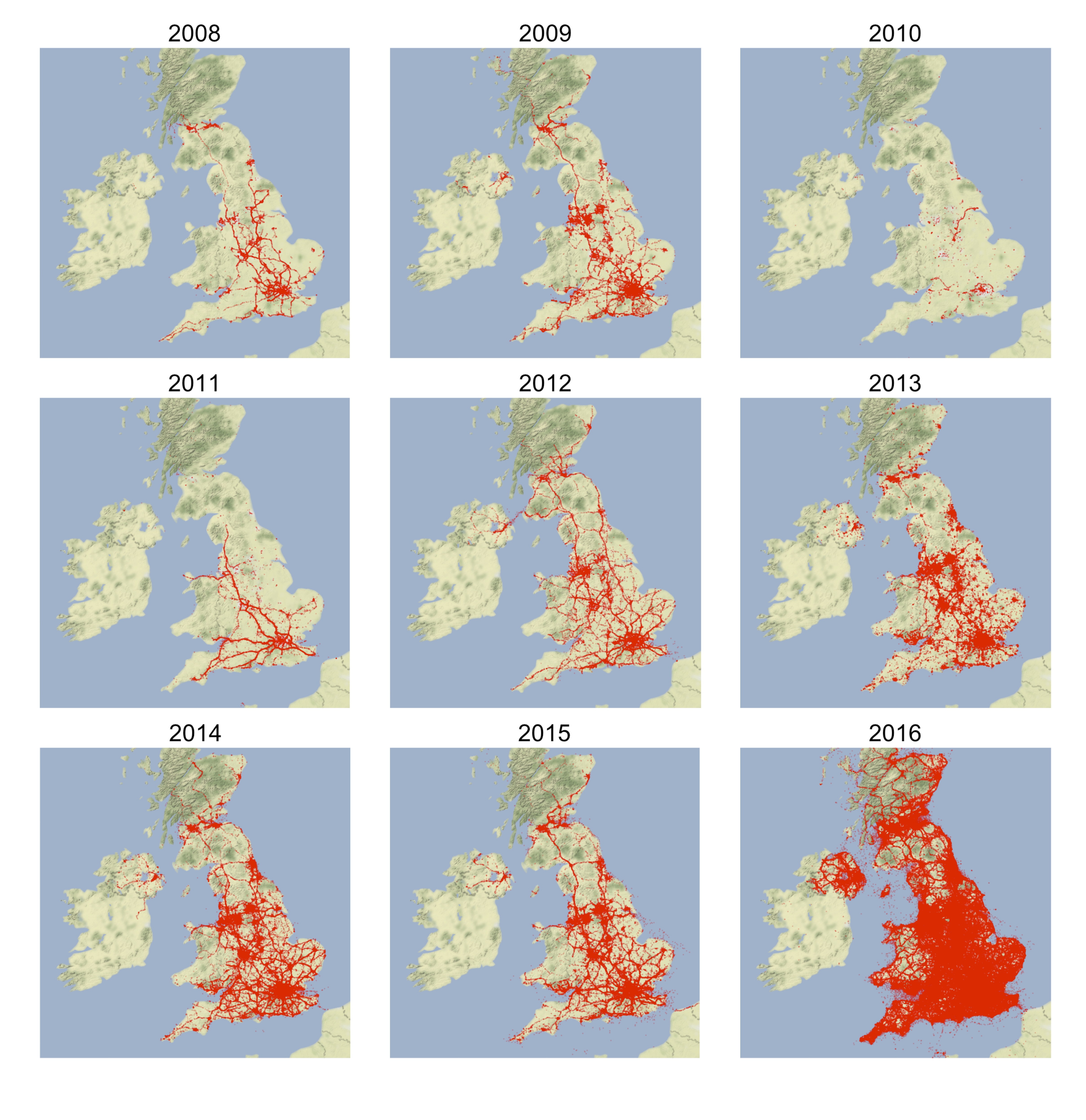 Maps showing the position of cell-towers by year of entry into OpenCellID. Up to  2015 new cell towers are primarily located on main UK road and rail networks whilst in 2016 there are many more and more uniformly spread.