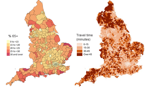 The proportion of the population aged 65 years and over is higher in coastal areas and average minimum travel times for key services are higher in rural areas than urban areas.