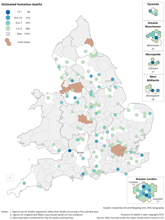 The map provides a visual comparison of estimated number of deaths of homeless people by local authority in England and Wales. 