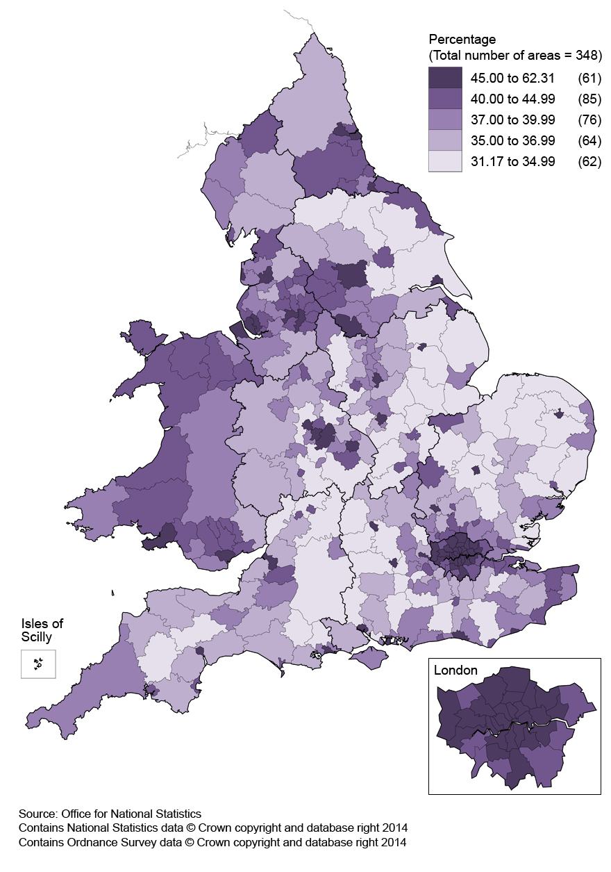 Map 2: Percentage of those aged 16 and over who were not living as a couple; local authorities, 2011 