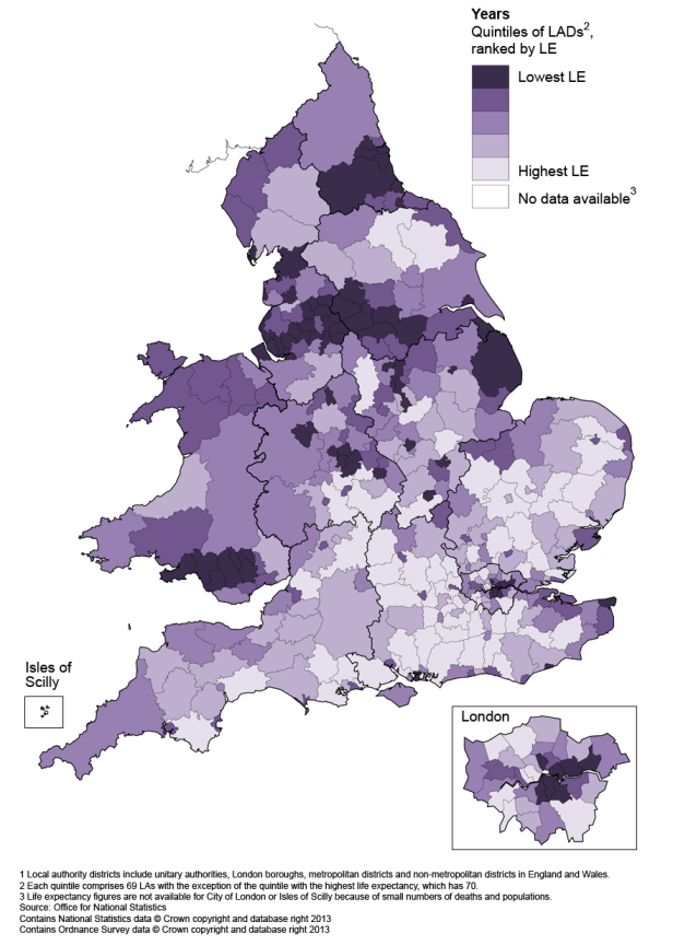 Map 1: Life expectancy (LE) for males at birth by local authority district in England and Wales, 2009–11