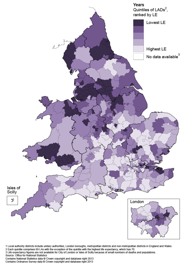 Map 4: Life expectancy (LE) for females at age 65 by local authority districts in England and Wales, 2009–11