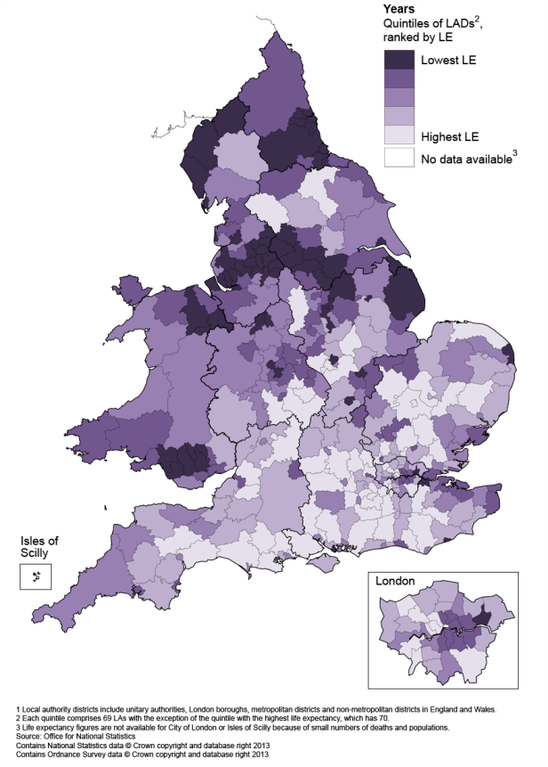 Map 2: Life expectancy (LE) for females at birth by local authority district in England and Wales, 2009–11