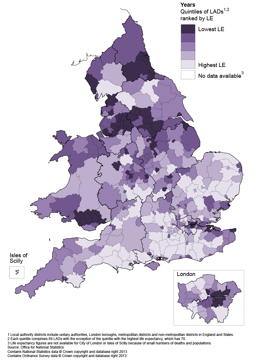 Map 3: Life expectancy (LE) for males at age 65 by local authority district in England and Wales, 2010–12