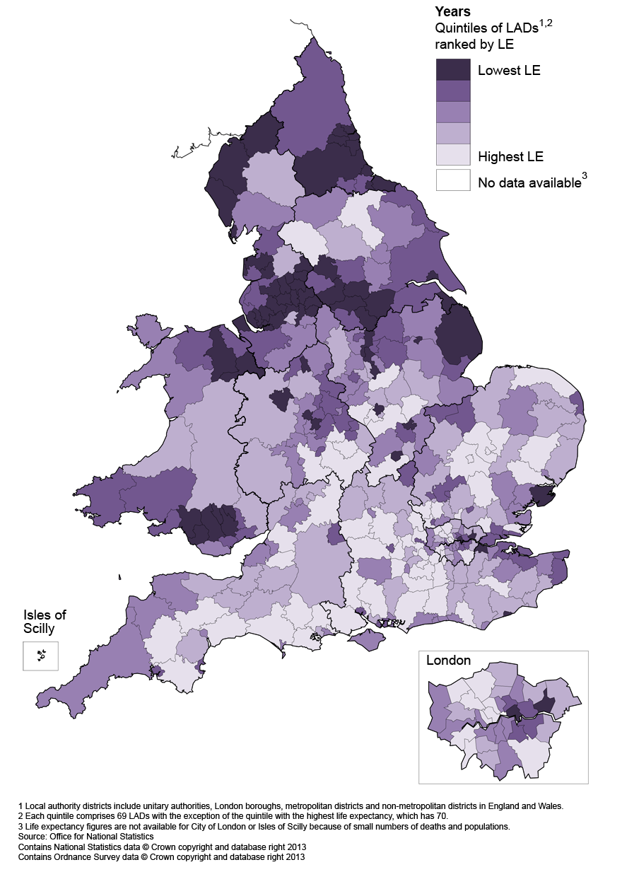 Map 2: Life expectancy (LE) for females at birth by local authority district in England and Wales, 2010–12