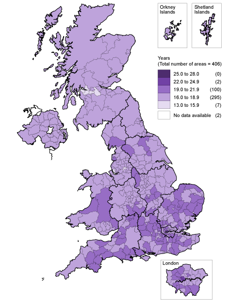 Map 3. Male life expectancy at age 65 (years): by local areas in the United Kingdom, 2008-10
