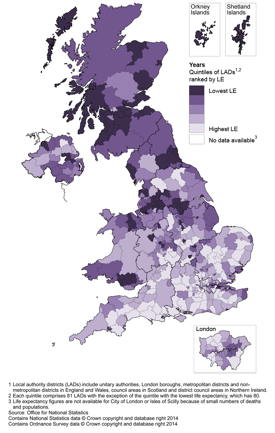 Map 2: Life expectancy (LE) for females at birth by local authority district, United Kingdom, 2010–12