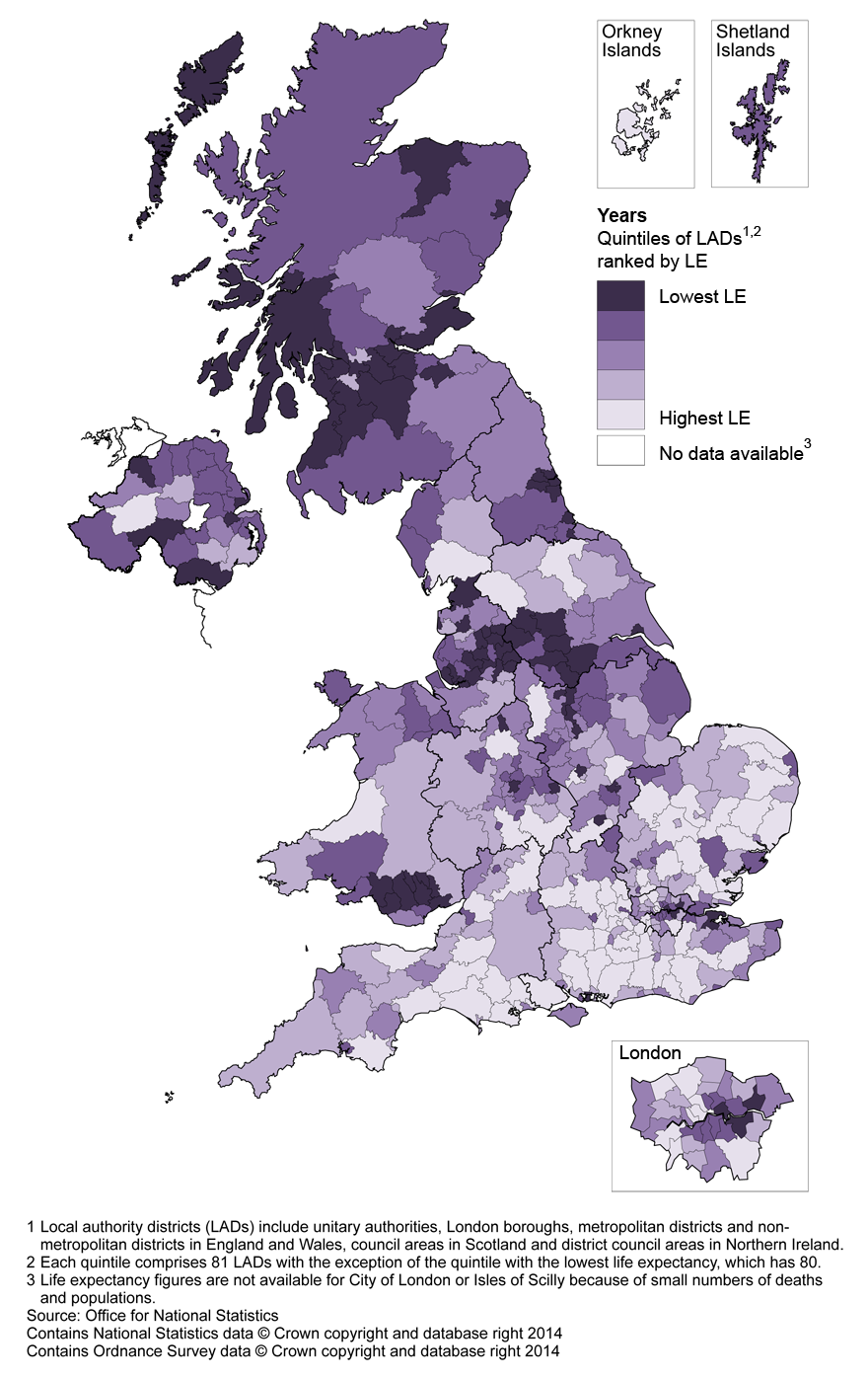 Map 3: Life expectancy (LE) for males at age 65 by local authority district, United Kingdom, 2010–12