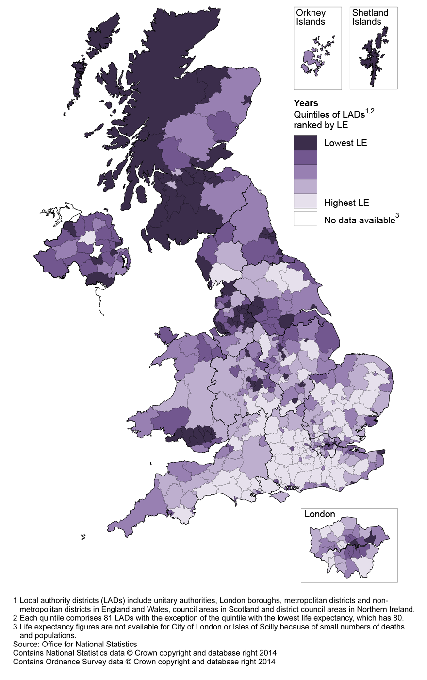 Map 1: Life expectancy (LE) for males at birth by local authority district, United Kingdom, 2010–12