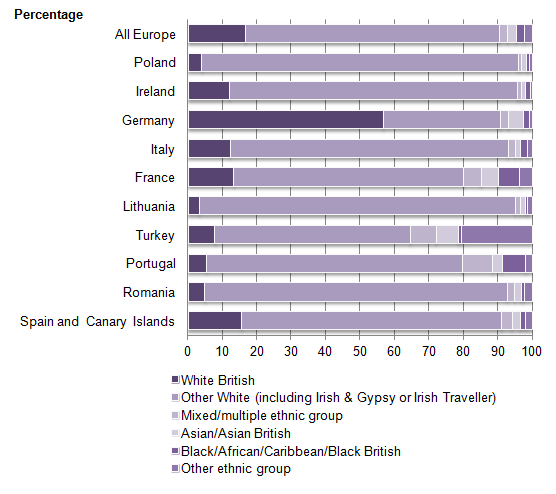 Figure 2: Ethnicity of the non-UK born population by country of birth, for top 10 countries in Europe, England and Wales, 2011