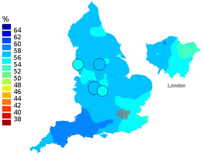 Figure 3d: Smoothed maps of the one-year survival index (%) for all cancers combined in 211 Clinical Commissioning Groups: England, 2011, patients ages 75-99 years