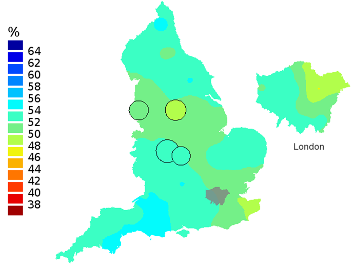 Figure 3c: Smoothed maps of the one-year survival index (%) for all cancers combined in 211 Clinical Commissioning Groups: England, 2006, patients ages 75-99 years