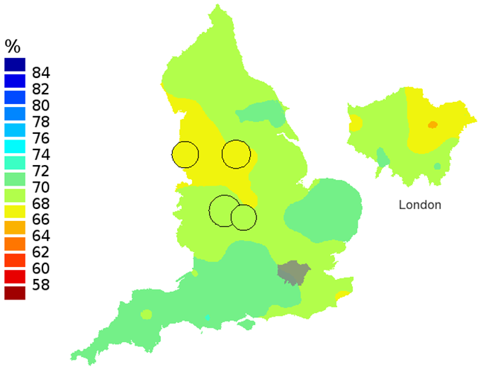 Figure 2b: Smoothed maps of the one-year survival index (%) for all cancers combined in 211 Clinical Commissioning Groups: England, 2001, patients ages 55-64 years