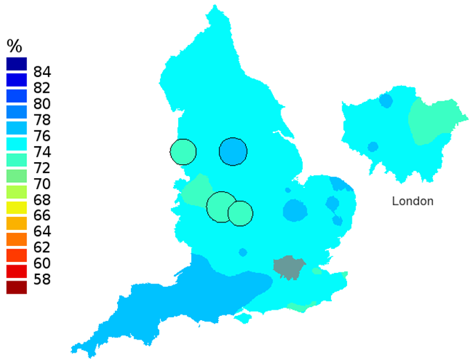 Figure 2d: Smoothed maps of the one-year survival index (%) for all cancers combined in 211 Clinical Commissioning Groups: England, 2011, patients ages 55-64 years