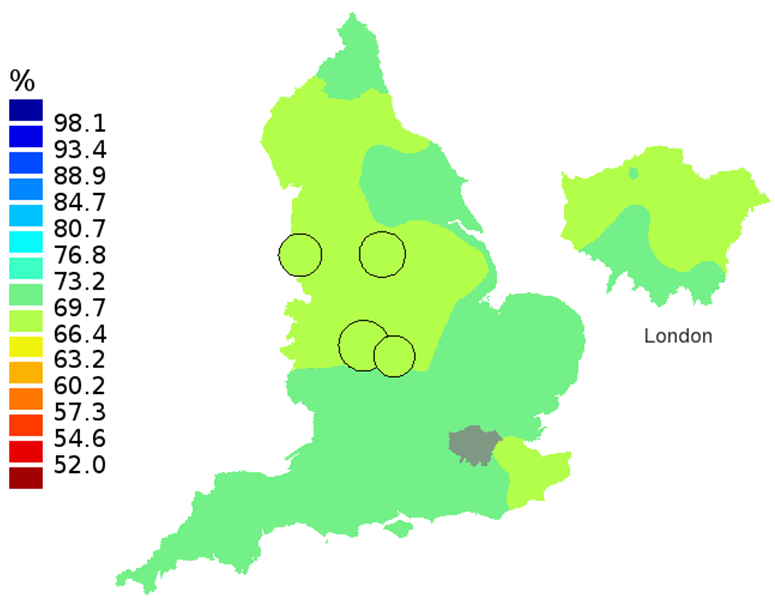 Figure 2B: Smoothed maps of the one-year survival index (%) for all cancers combined in 211 Clinical Commissioning Groups: England, 2002, patients aged 55-64 years