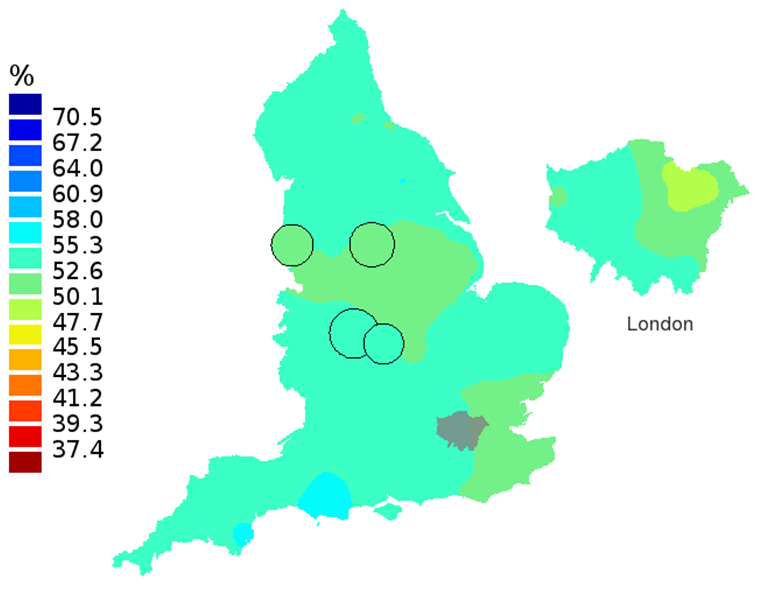 Figure 3C: Smoothed maps of the one-year survival index (%) for all cancers combined in 211 Clinical Commissioning Groups: England, 2007, patients aged 75-99 years