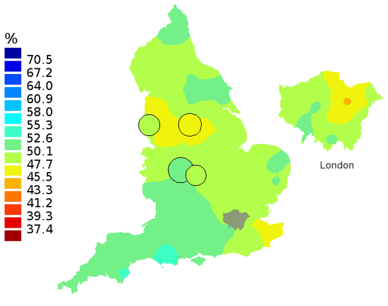 Figure 3B: Smoothed maps of the one-year survival index (%) for all cancers combined in 211 Clinical Commissioning Groups: England, 2002, patients aged 75-99 years