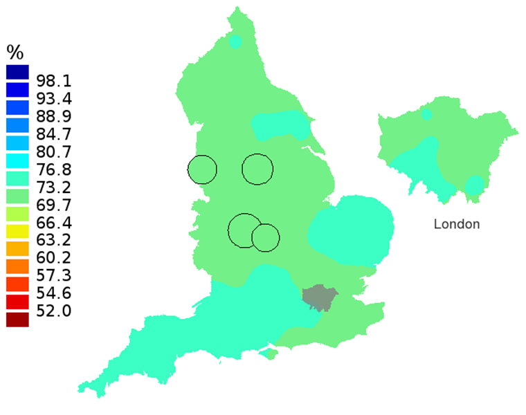 Figure 2C: Smoothed maps of the one-year survival index (%) for all cancers combined in 211 Clinical Commissioning Groups: England, 2007, patients aged 55-64 years