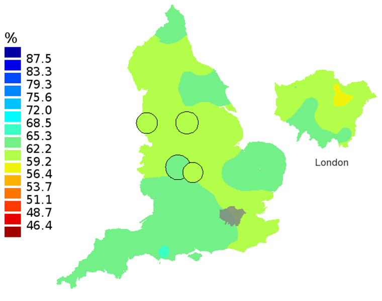Figure 1B: Smoothed maps of the one-year survival index (%) for all cancers combined in 211 Clinical Commissioning Groups: England, 2002, adults aged 15-99 years