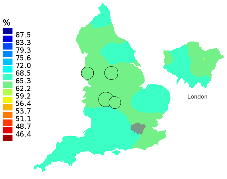 Figure 1C: Smoothed maps of the one-year survival index (%) for all cancers combined in 211 Clinical Commissioning Groups: England, 2007, adults aged 15-99 years